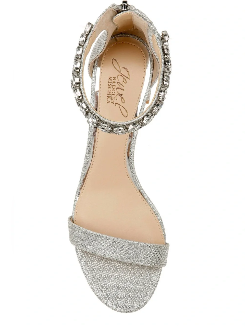 Jewel Badgley Mischka Silver Sparkle Ankle Strap Bradley Sandal Heels SZ 6